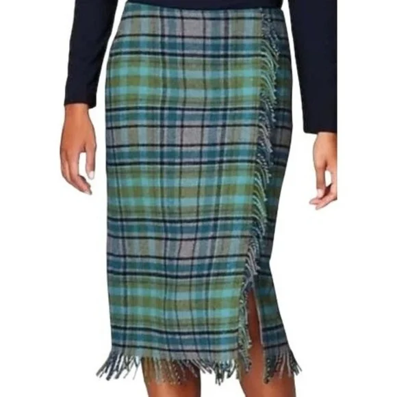 J Jill Plaid & Fringed Skirt Grey Blue Green Size 14P Lined - Picture 3 of 9